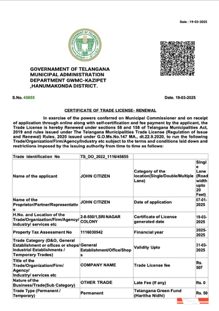 India Telangana certificate of trade license Word and PDF template